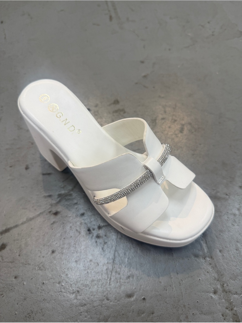 GND White Rhinestone-Trim Slip-On Block Heel Mule